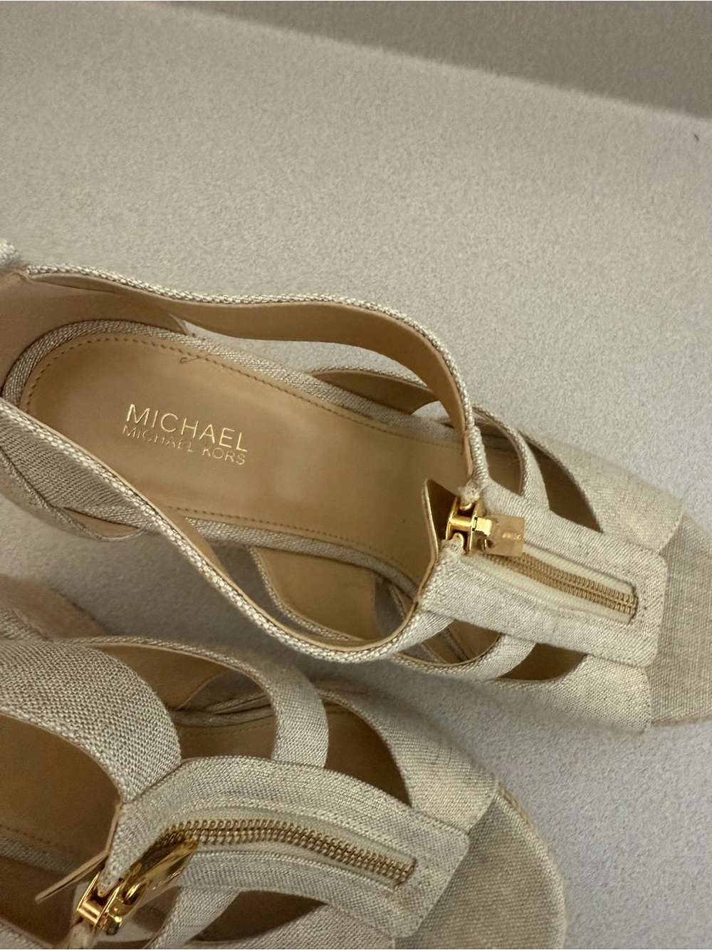 MICHAEL Michael Kors Natural Linen Gold-Zip Platform Heels